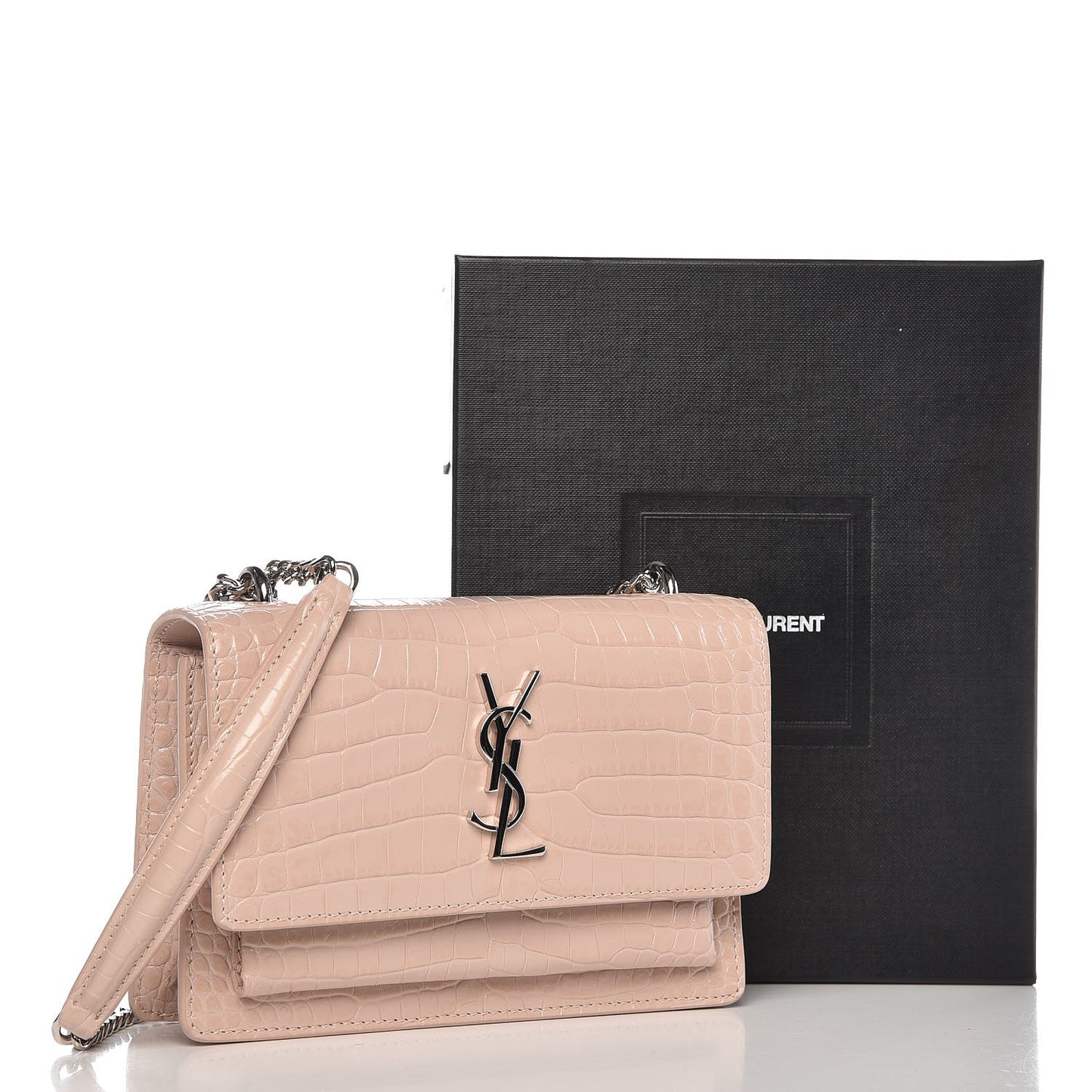 Calfskin Crocodile Embossed Monogram Sunset Chain Wallet Marble Pink
