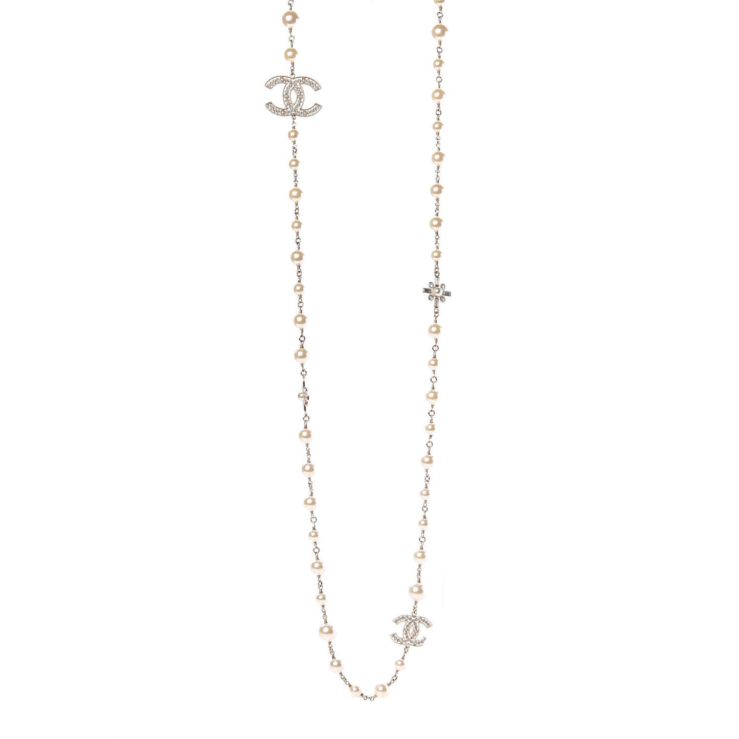 Pearl Crystal CC Long Necklace Gold