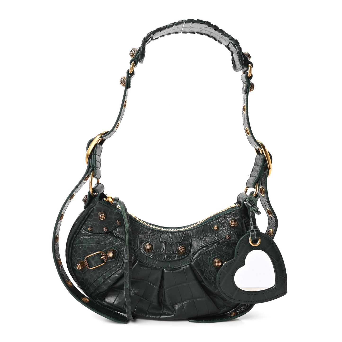 Extra Supple Calfskin Crocodile Embossed Le Cagole Shoulder Bag XS Forest Green
