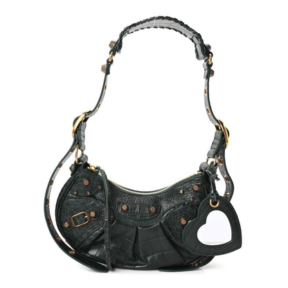 Balenciaga Extra Supple Calfskin Crocodile Embossed Le Cagole Shoulder Bag XS Forest Green 3 of 11