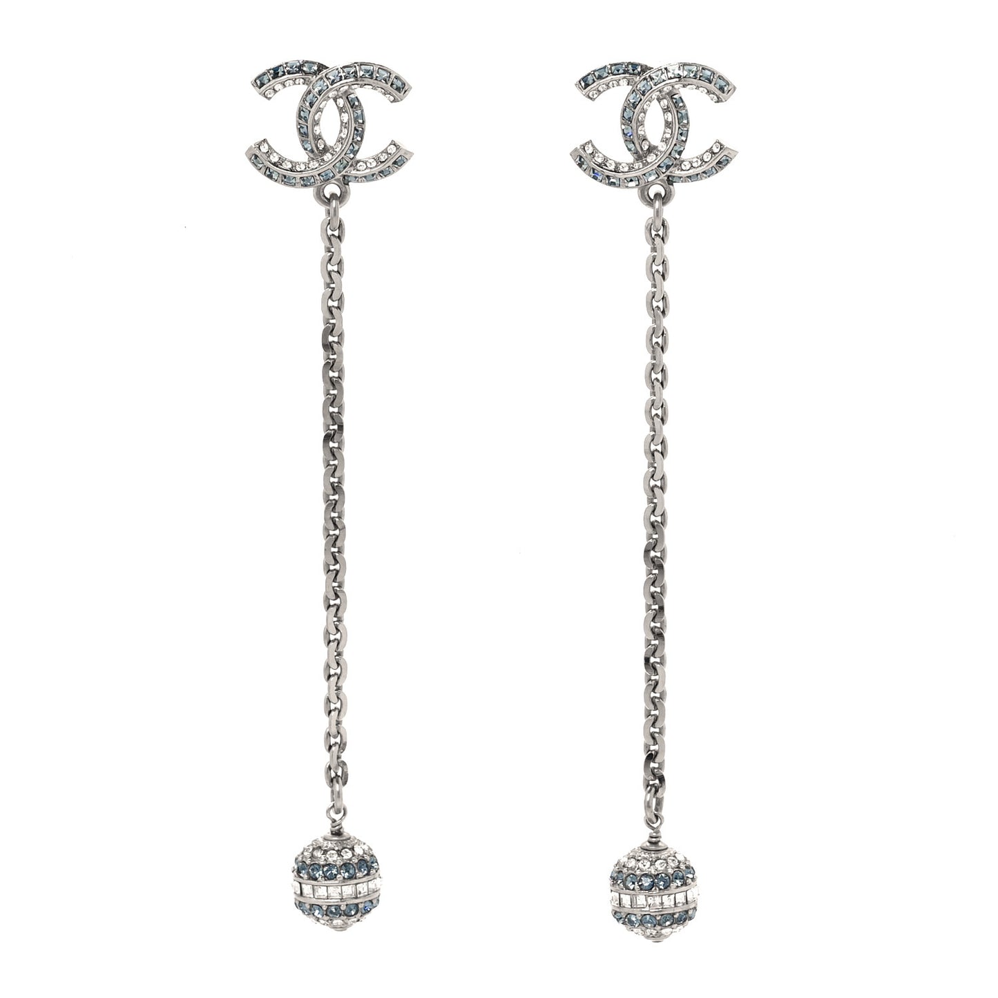 Crystal Drop Long CC Earrings Silver