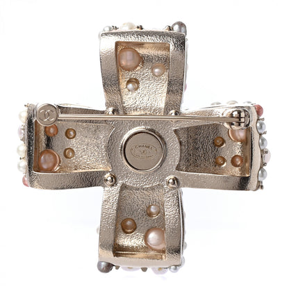 Chanel Pearl Crystal CC Cross Brooch Light Gold Pink 3 of 4