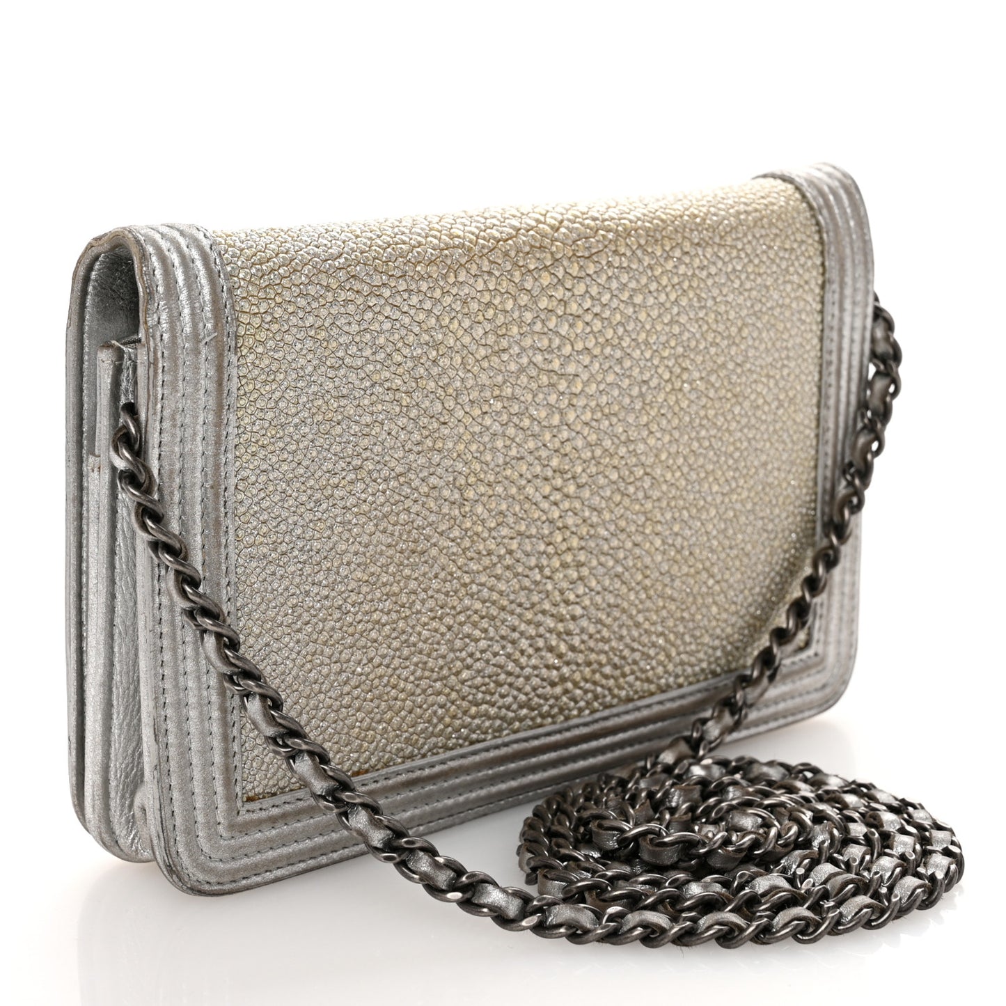 Metallic Galuchat Stingray Lambskin Boy Wallet On Chain WOC Silver