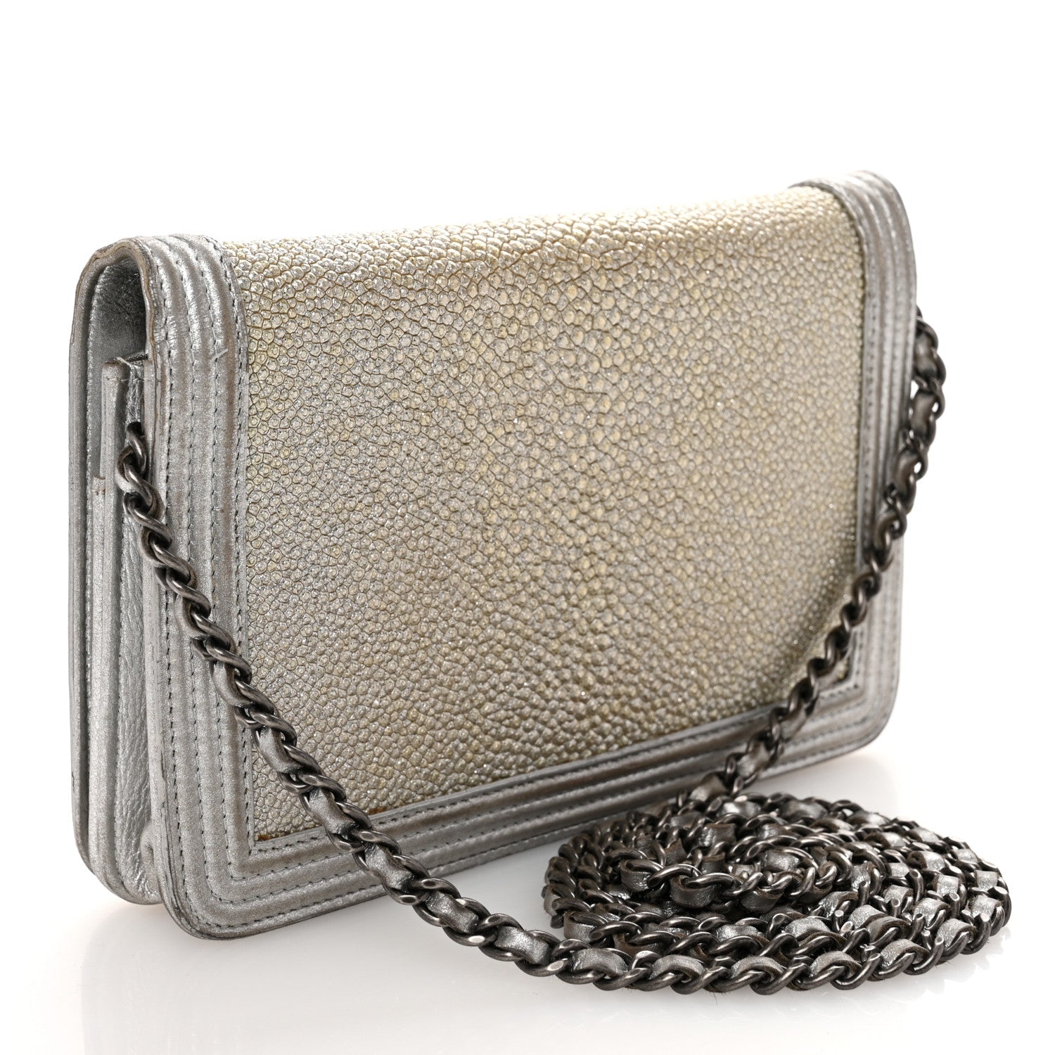 Chanel Metallic Galuchat Stingray Lambskin Boy Wallet On Chain WOC Silver 3 of 12