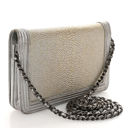 Chanel Metallic Galuchat Stingray Lambskin Boy Wallet On Chain WOC Silver 3 of 12