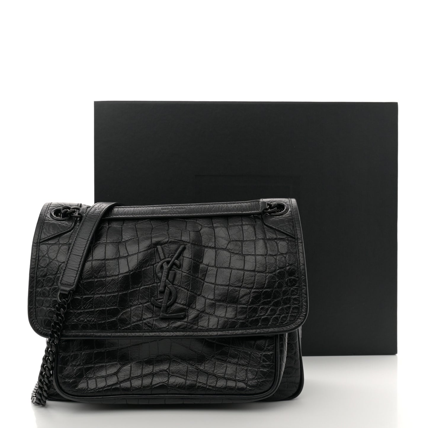 Crocodile Embossed Lambskin Monogram Medium Niki Chain Satchel Black
