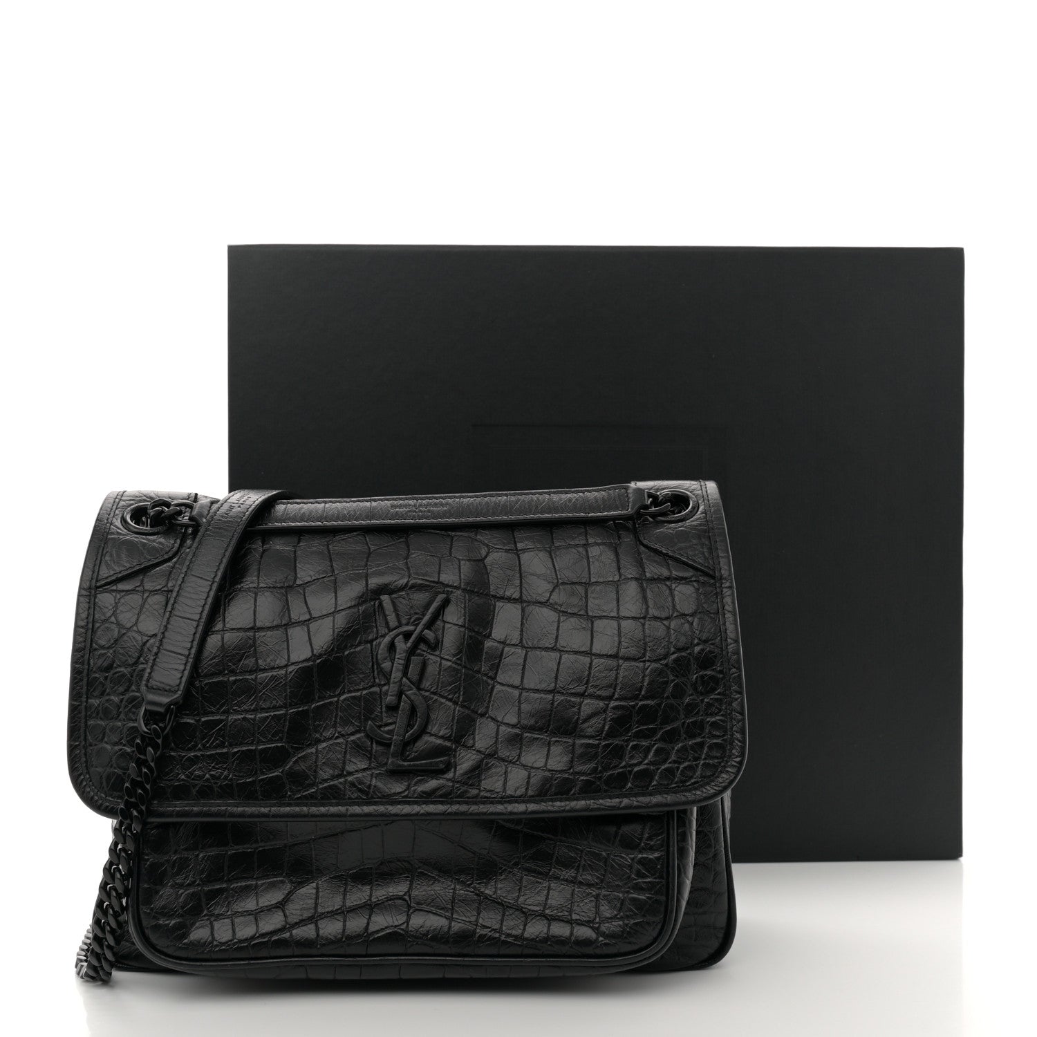 Saint Laurent Crocodile Embossed Lambskin Monogram Medium Niki Chain Satchel Black 11 of 11