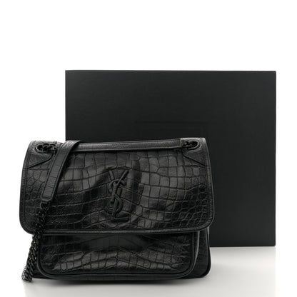 Saint Laurent Crocodile Embossed Lambskin Monogram Medium Niki Chain Satchel Black 11 of 11