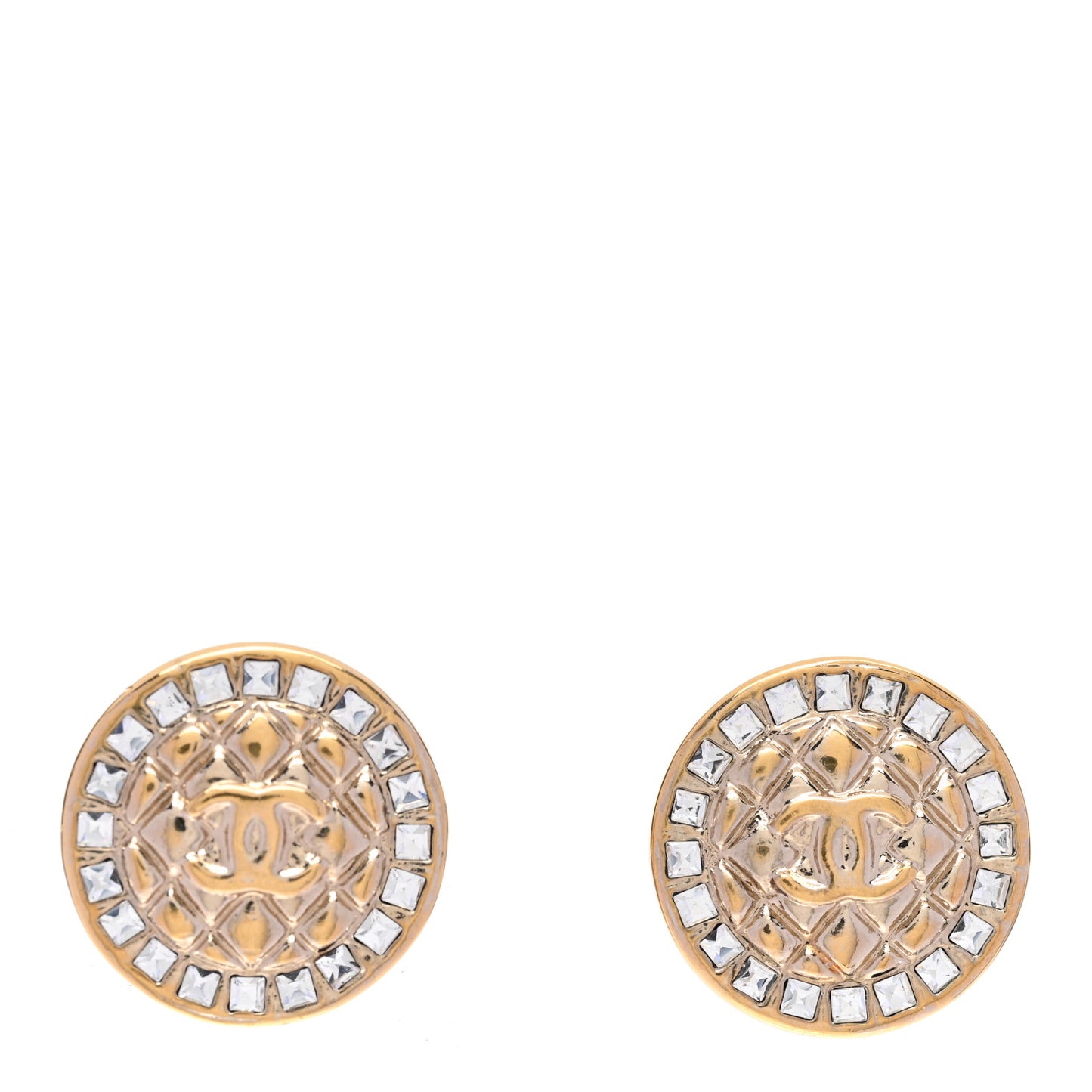 Metal Quilted Crystal CC Round Earrings Gold