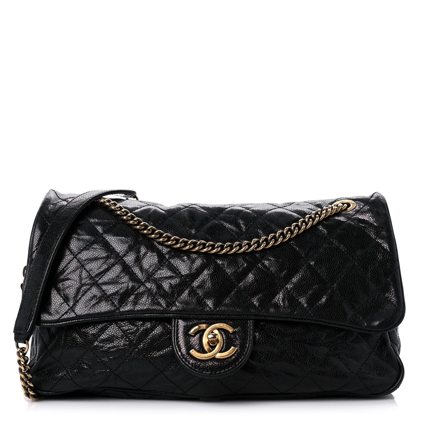 Crumpled Grained Calfskin Quilted Large Shiva Flap Black