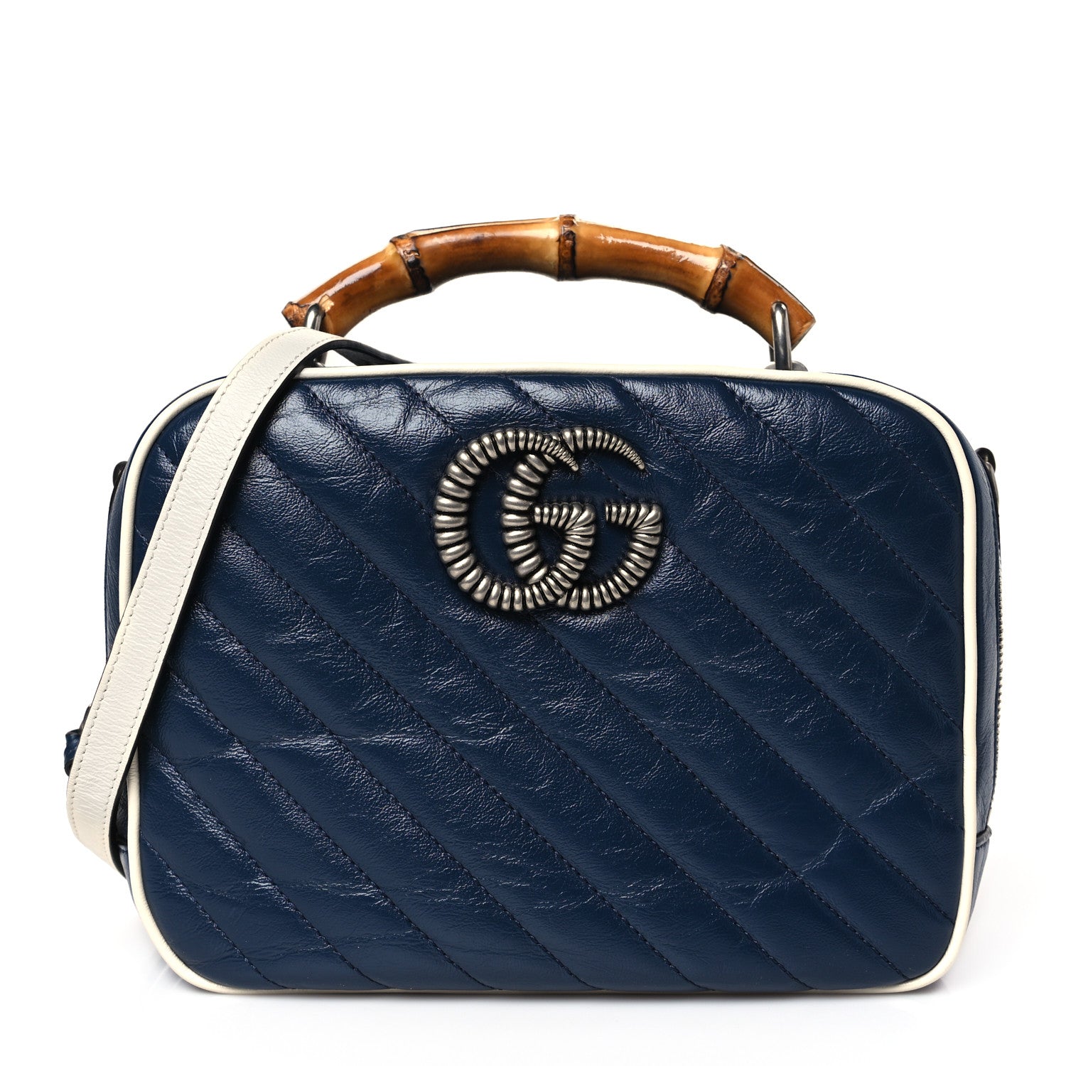Gucci Vintage Effect Calfskin Matelasse Diagonal Small Torchon GG Marmont Bamboo Top Handle Shoulder Bag Blue Agata Mystic White 1 of 9