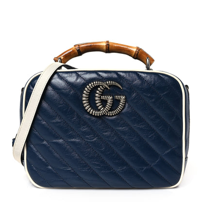 Gucci Vintage Effect Calfskin Matelasse Diagonal Small Torchon GG Marmont Bamboo Top Handle Shoulder Bag Blue Agata Mystic White 1 of 9
