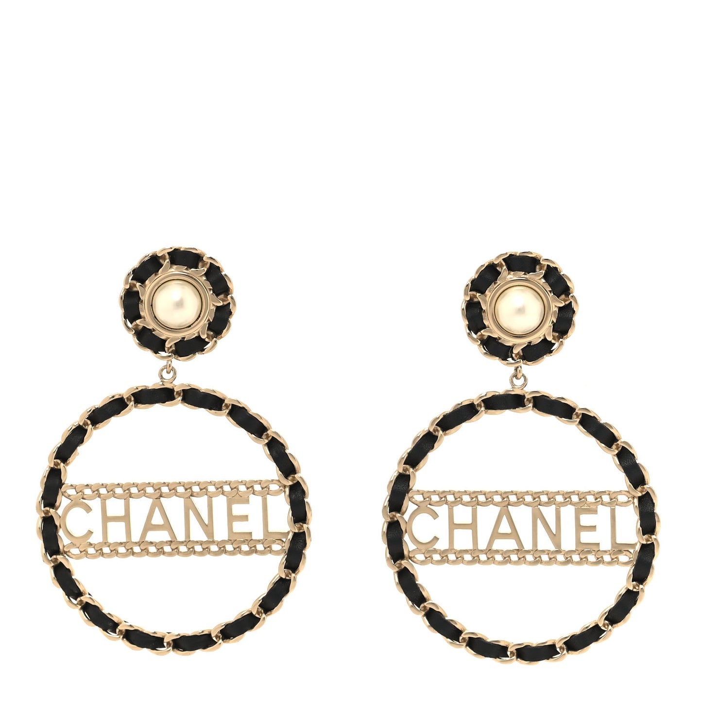 Pearl Lambskin Chain Logo Hoop Clip On Earrings Black Gold