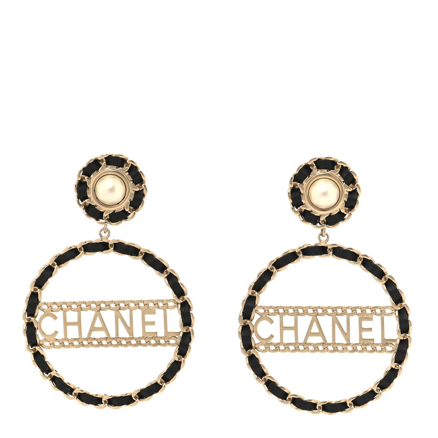 Chanel Pearl Lambskin Chain Logo Hoop Clip On Earrings Black Gold 1 of 5