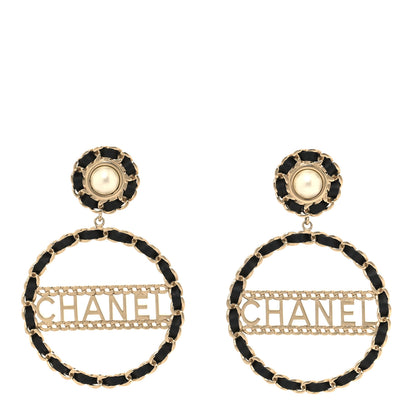 Chanel Pearl Lambskin Chain Logo Hoop Clip On Earrings Black Gold 1 of 5