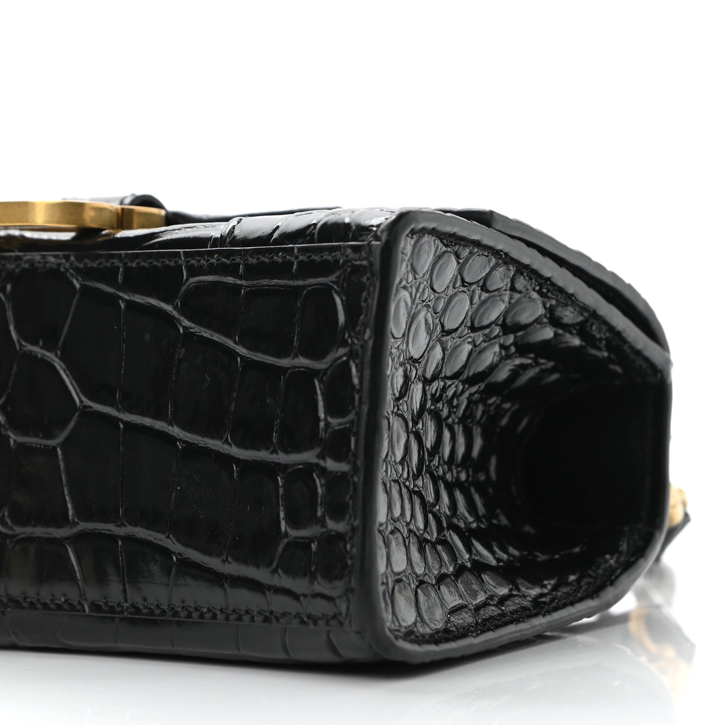 Shiny Calfskin Crocodile Embossed Hourglass Top Handle Bag XS Black