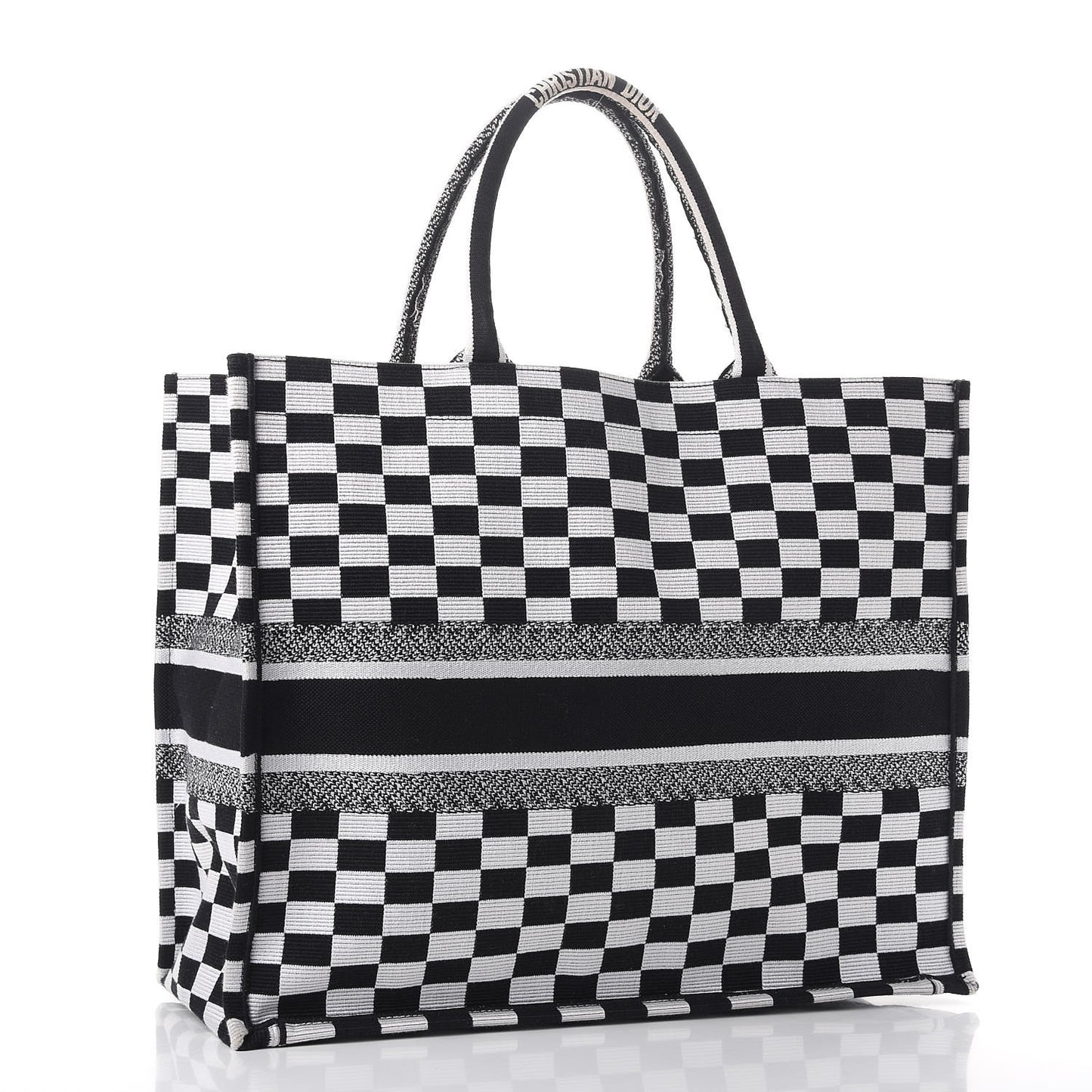 Canvas Embroidered Checkered Book Tote Black White