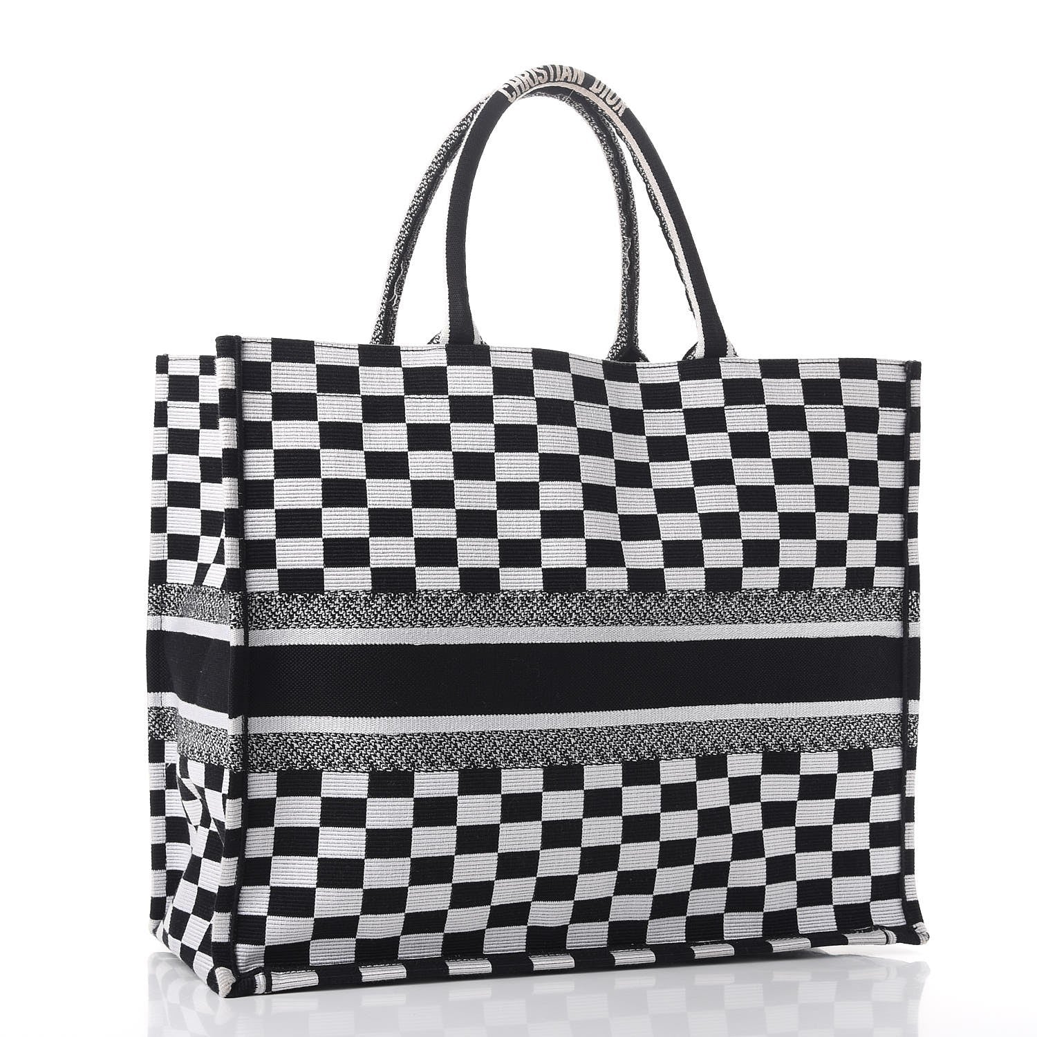 Christian Dior Canvas Embroidered Checkered Book Tote Black White 3 of 9