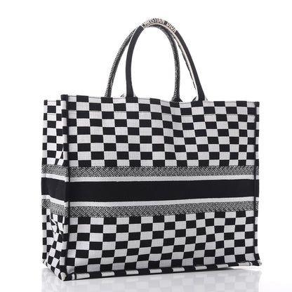 Christian Dior Canvas Embroidered Checkered Book Tote Black White 3 of 9