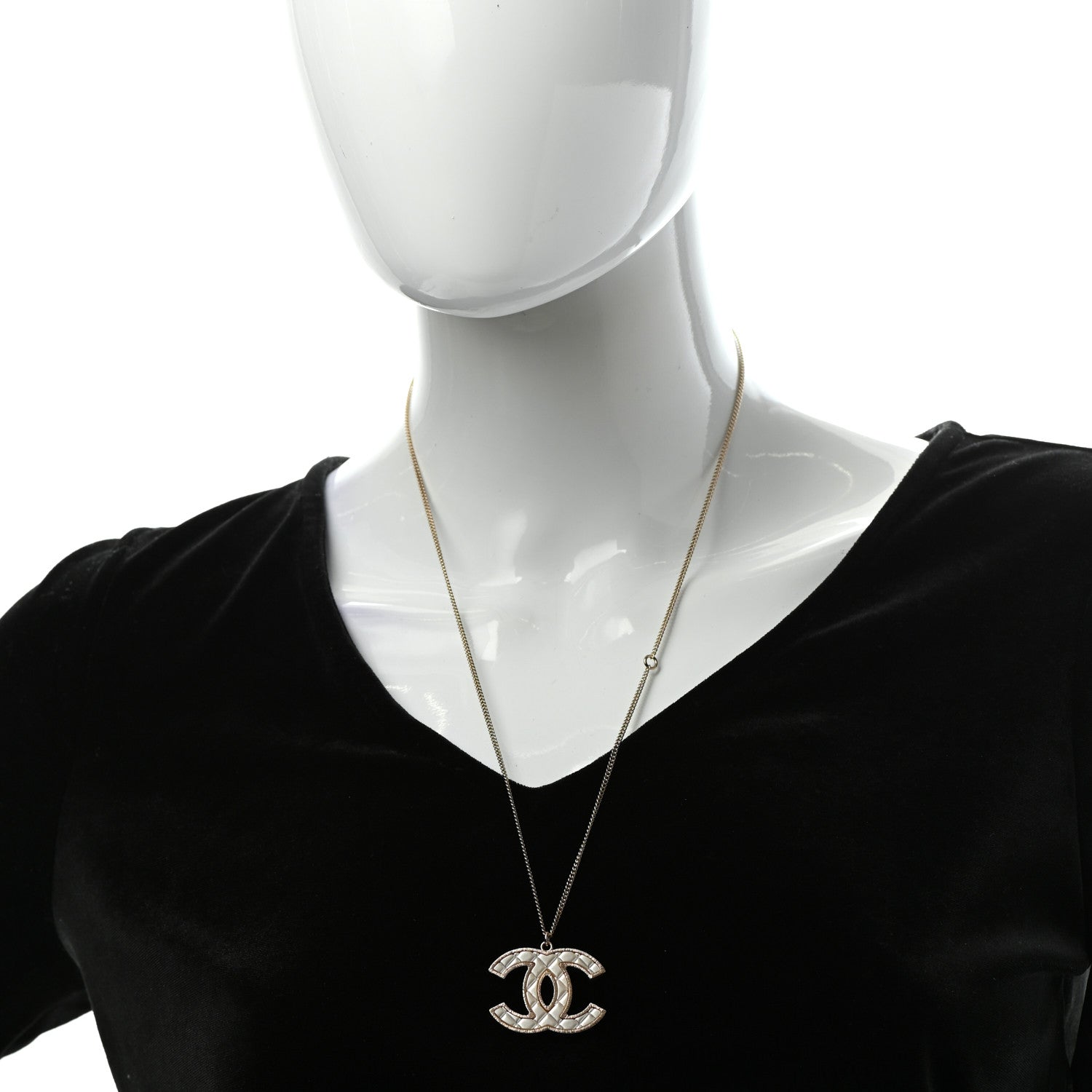 Chanel Metal Quilted CC Pendant Necklace Gold White 2 of 5