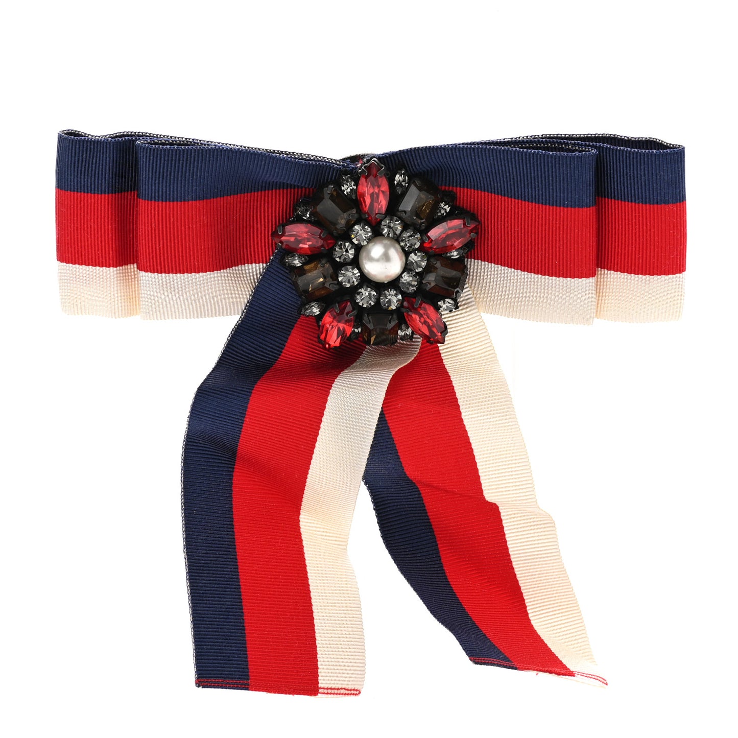 Grosgrain Web Crystal Bow Brooch Red White Blue
