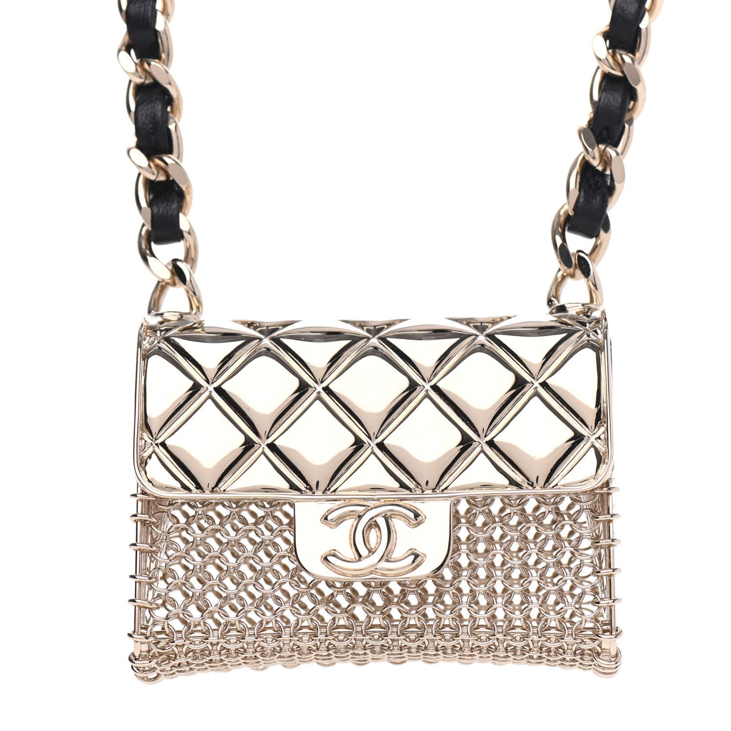 Metal Lambskin Chain Micro Bag Necklace Gold Black