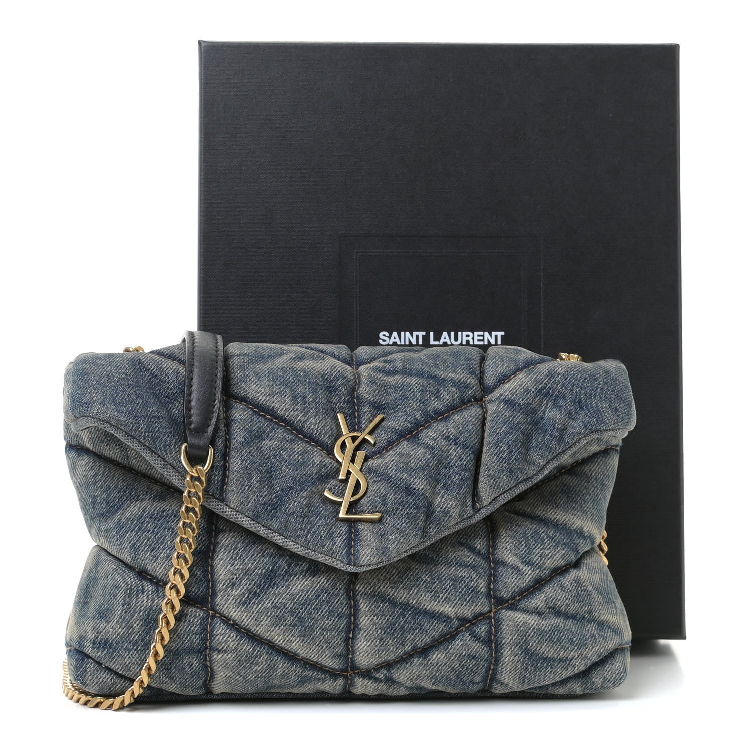Saint Laurent Denim Quilted Toy Loulou Puffer Monogram Chain Satchel Rodeo Blue 11 of 11