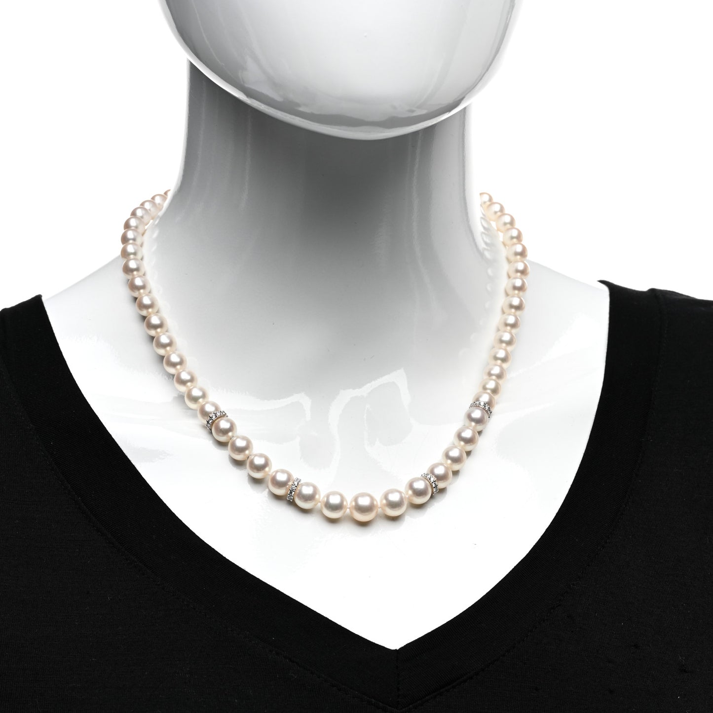 18K White Gold Diamond Akoya Pearl 7-9mm Graduated Strand Rondelle Necklace