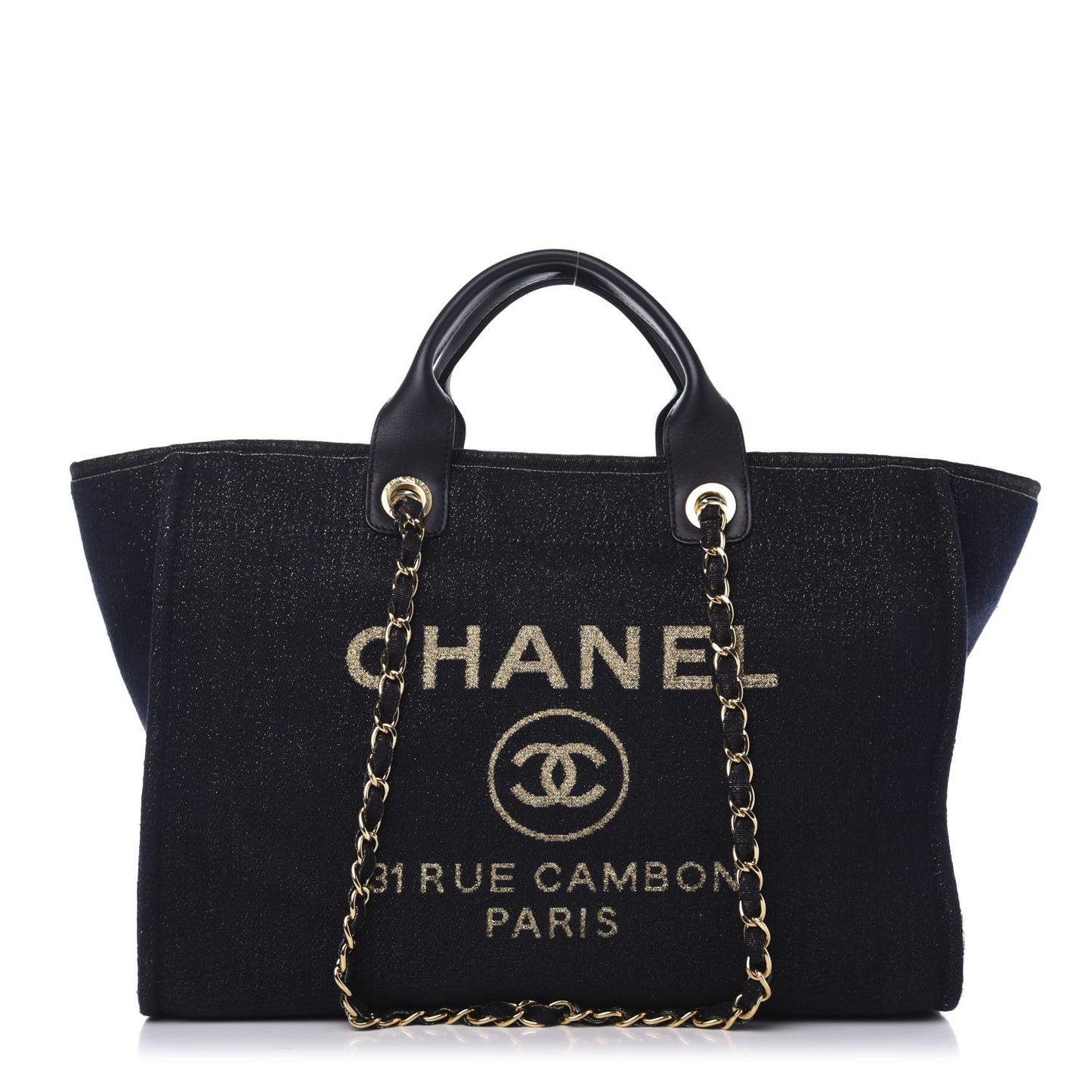 Lurex Canvas Medium Deauville Tote Navy Blue Gold