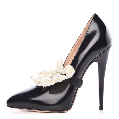 Gucci Polished Calfskin Removable Pearly Bow Elaisa Platform High Heel Pumps 36 Black 1 of 13