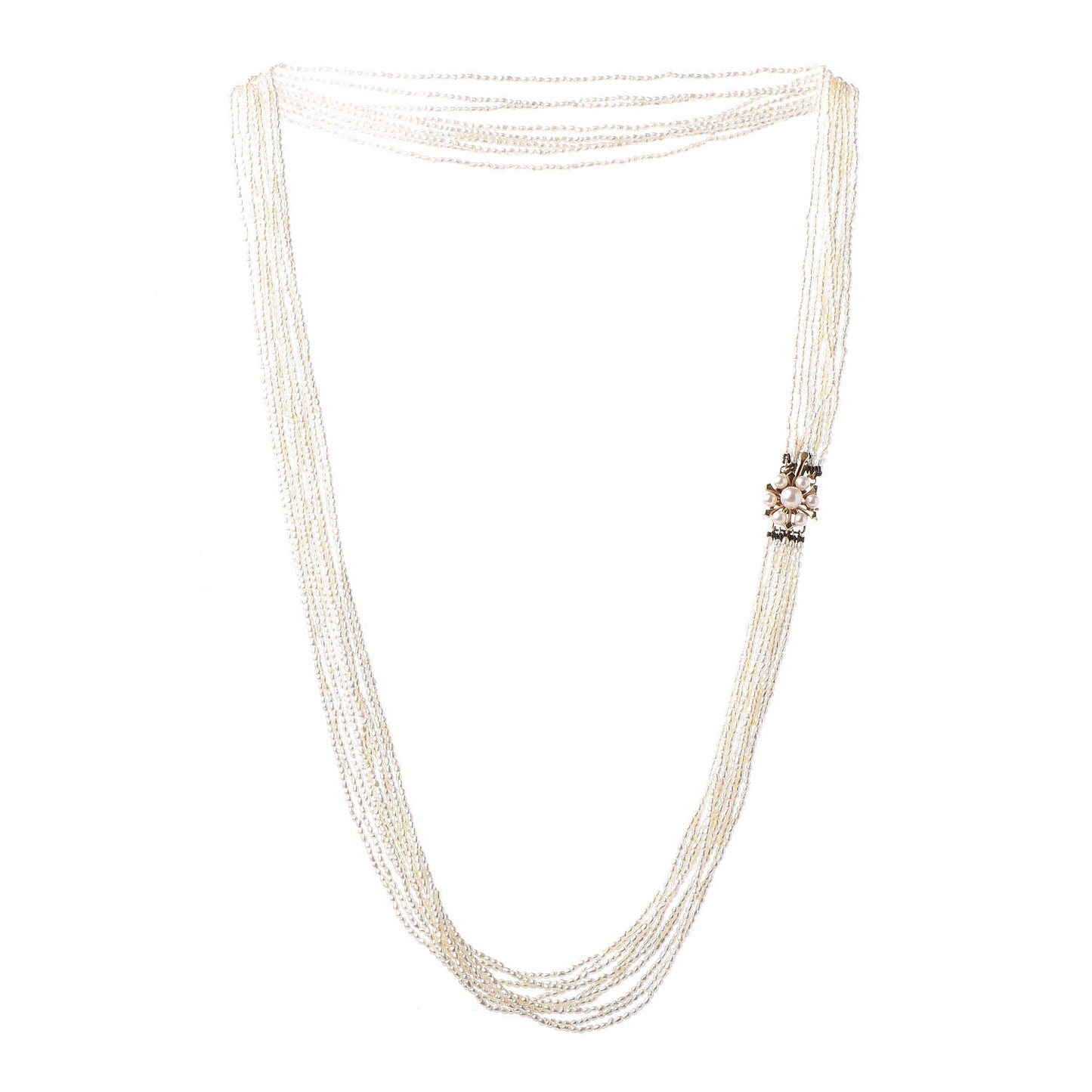 14K Yellow Gold Akoya Seed Pearl Multi Strand Necklace 28"