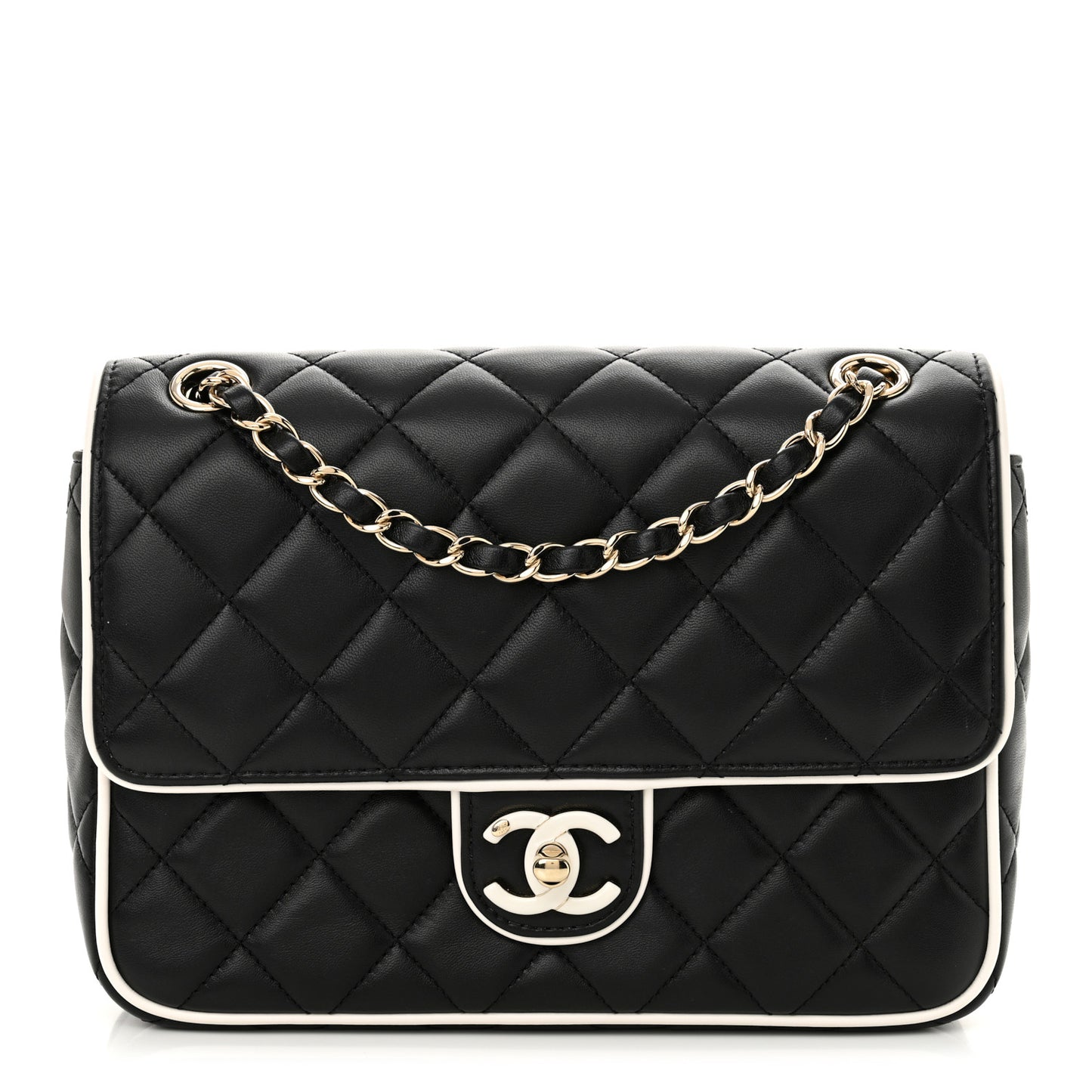 Lambskin Quilted Resin Graphic Frame Flap Bag Black White