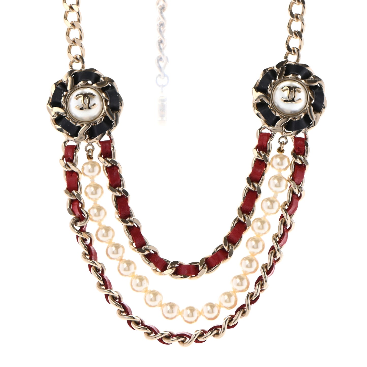 Pearl Lambskin Chain CC Multi Strand Necklace Gold Black Red