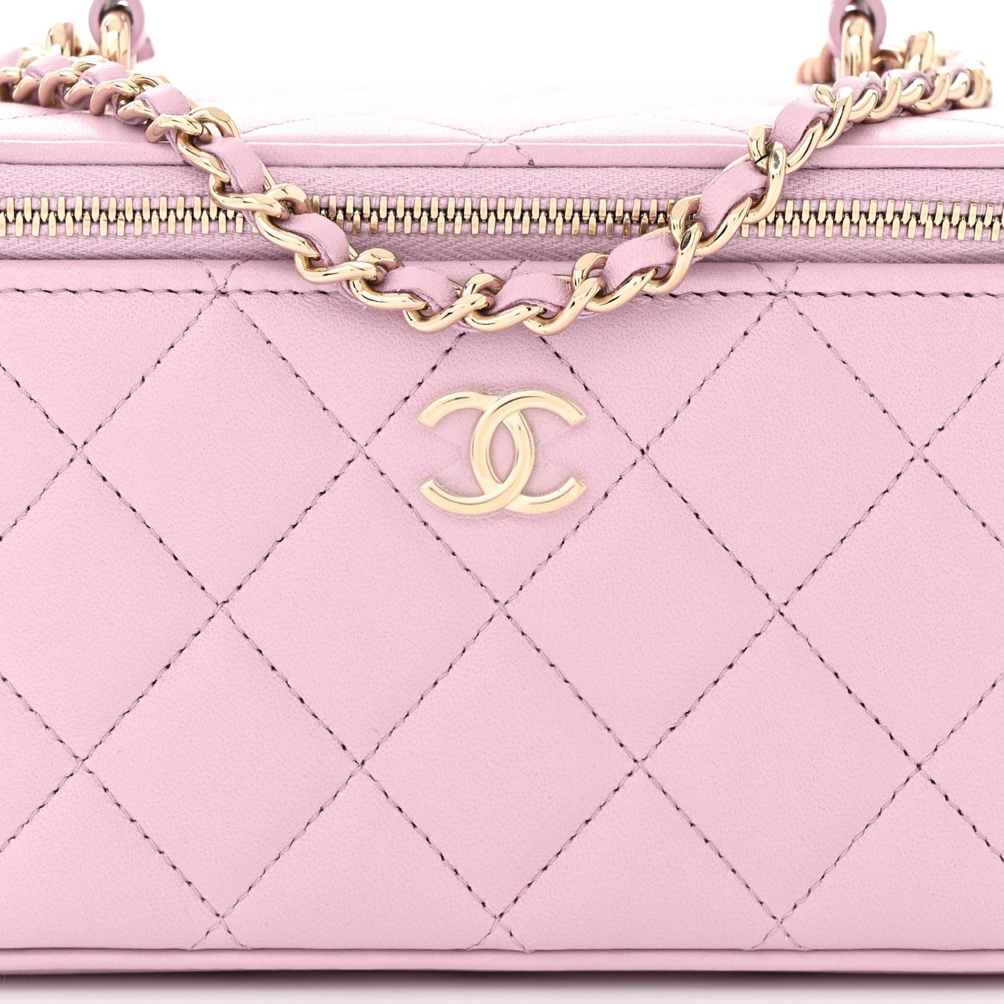 Lambskin Quilted Small Top Handle Vanity Case With Chain Light Pink