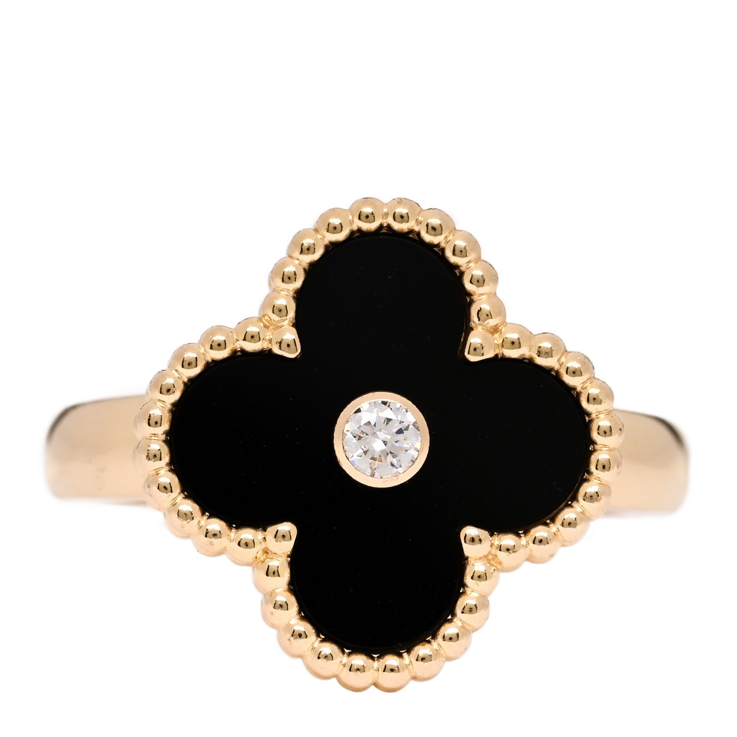 Van Cleef & Arpels 18K Yellow Gold Black Onyx Diamond Vintage Alhambra Ring 52 6 1 of 5