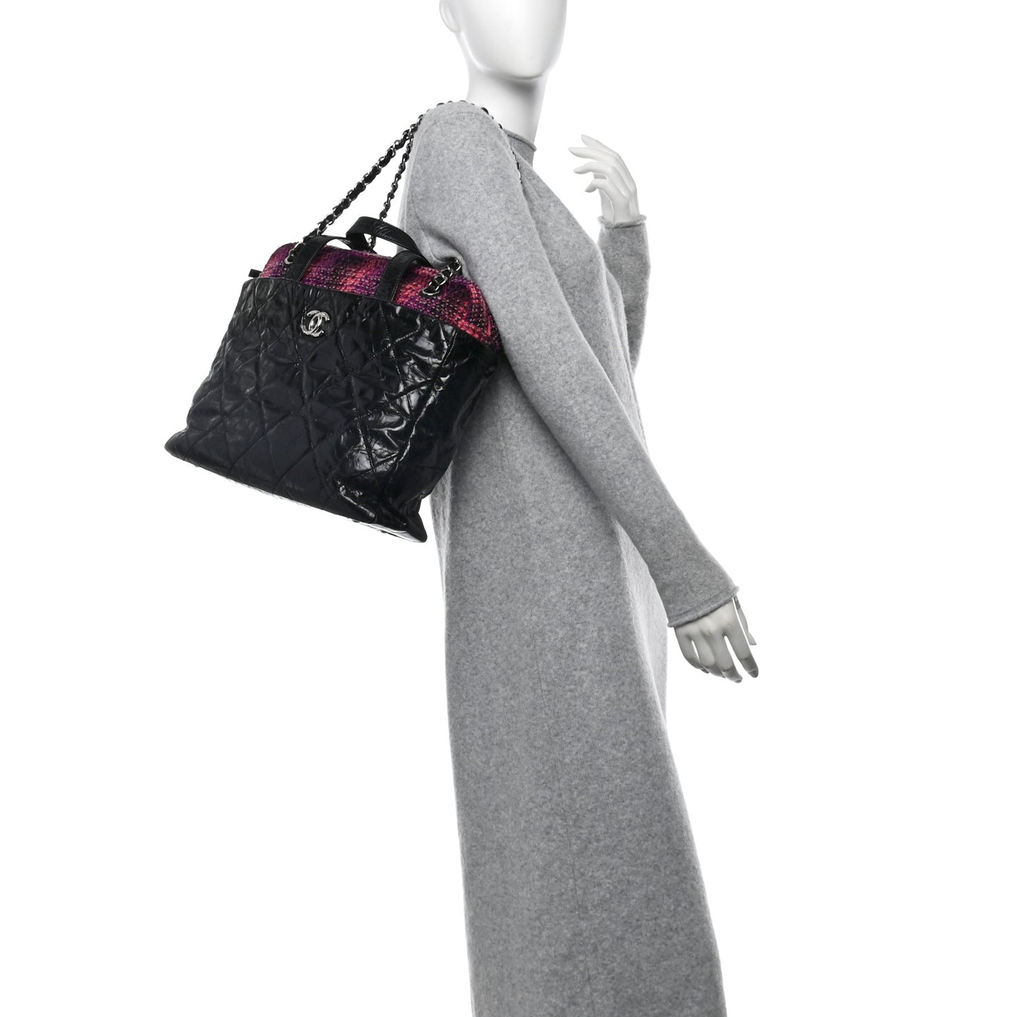 Glazed Calfskin Quilted Tweed Portobello Tote Black Pink