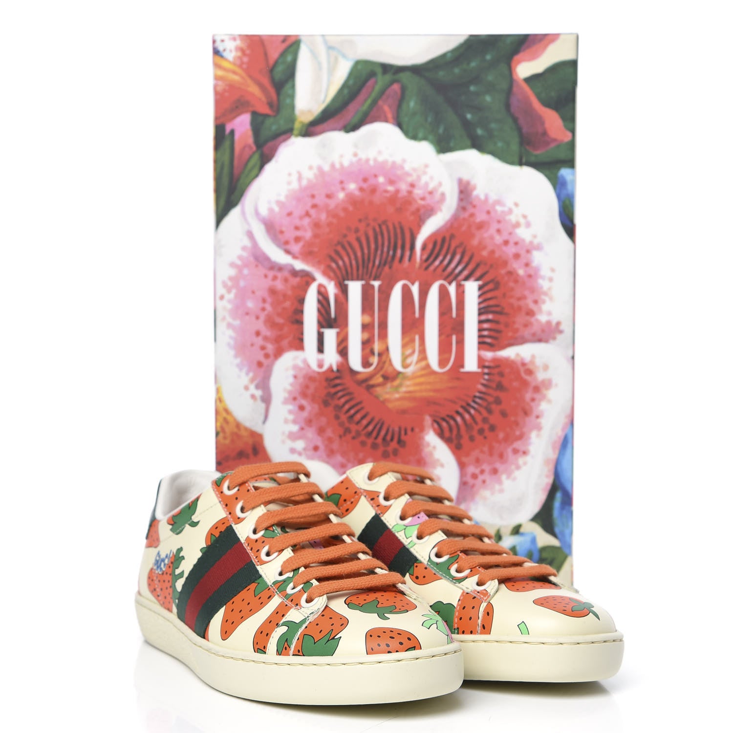 Gucci Calfskin Web Strawberry Print Womens Ace Sneakers 36 Ivory Red Green 9 of 9