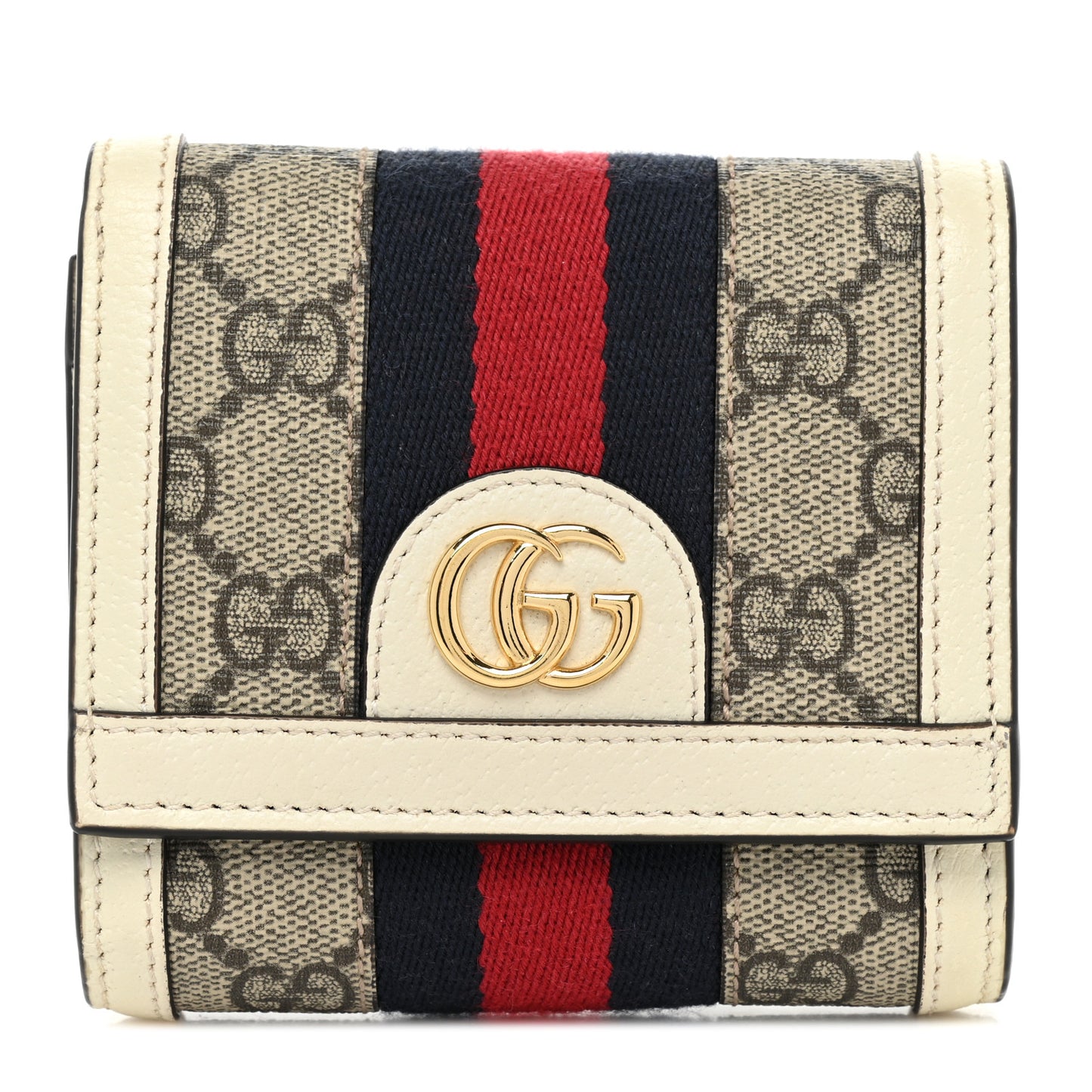 GG Supreme Monogram Textured Calfskin Web Ophidia Card Case Wallet Beige Ebony Mystic White