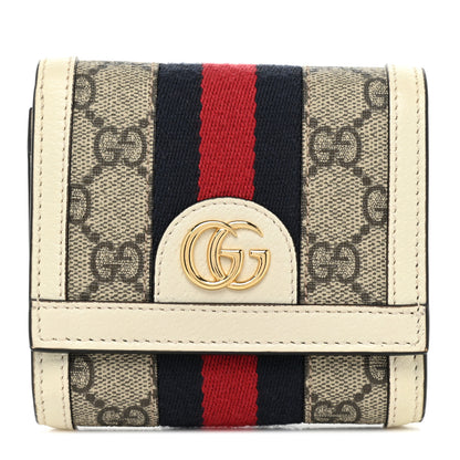 Gucci GG Supreme Monogram Textured Calfskin Web Ophidia Card Case Wallet Beige Ebony Mystic White 1 of 12