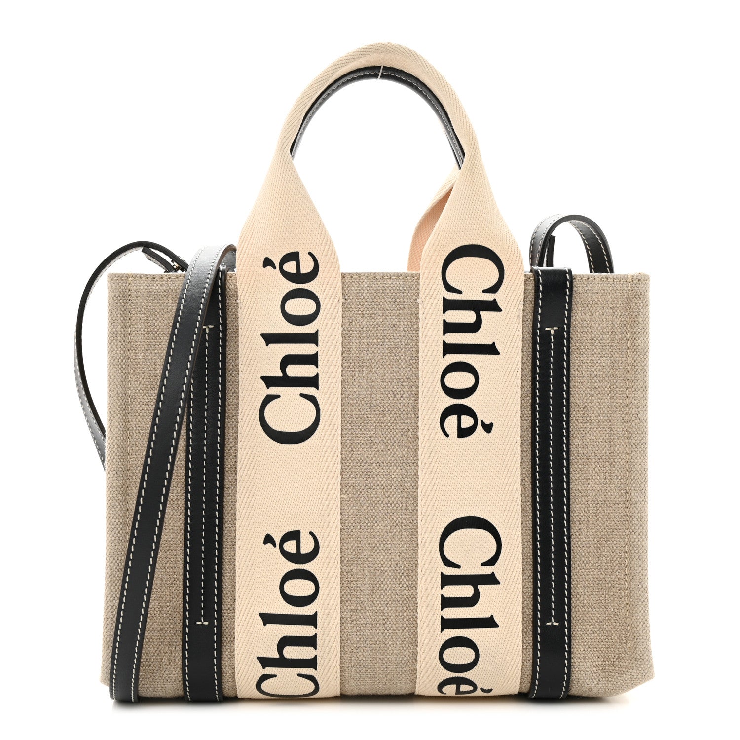 Chloe Linen Calfskin Small Woody Ribbon Tote White Black 1 of 11