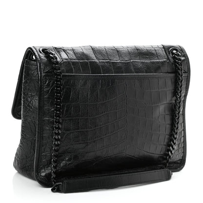 Saint Laurent Crocodile Embossed Lambskin Monogram Medium Niki Chain Satchel Black 3 of 9