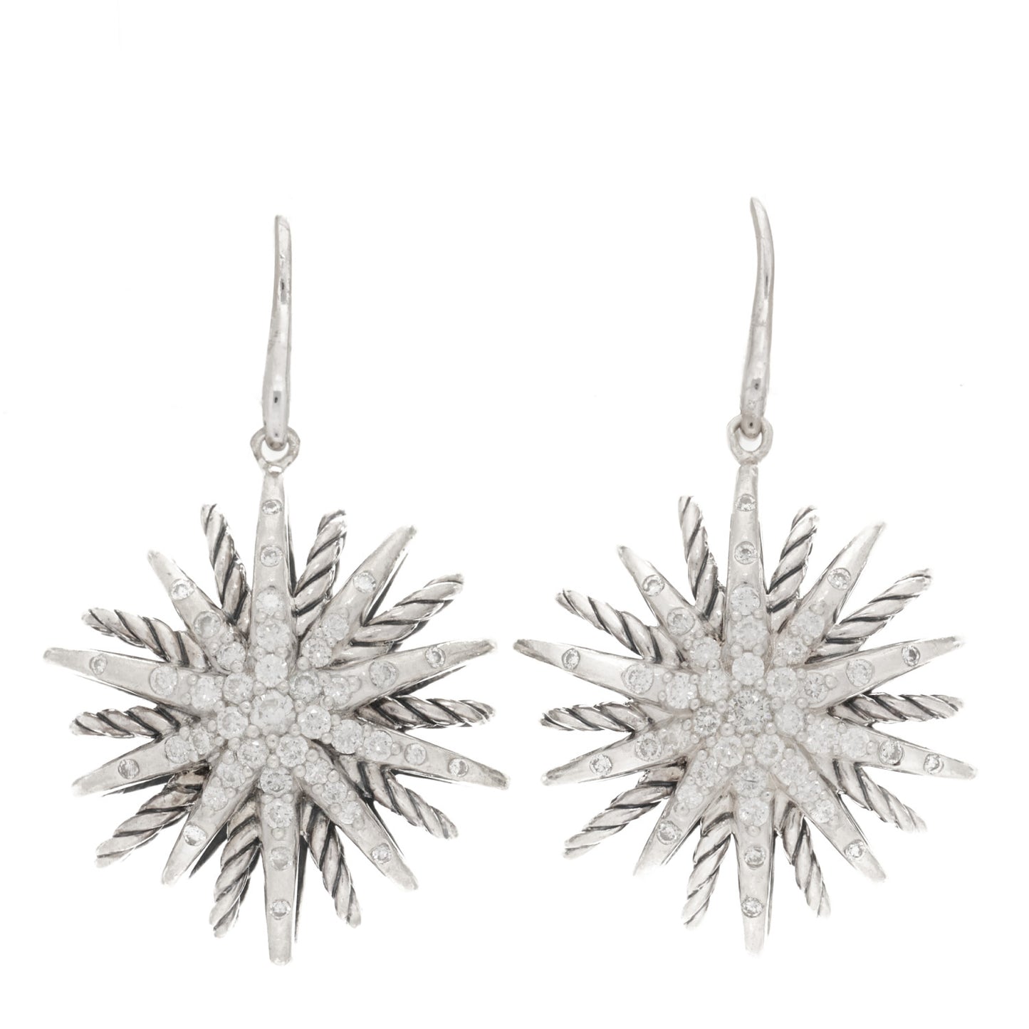 Sterling Silver Diamond 22mm Starburst Drop Earrings