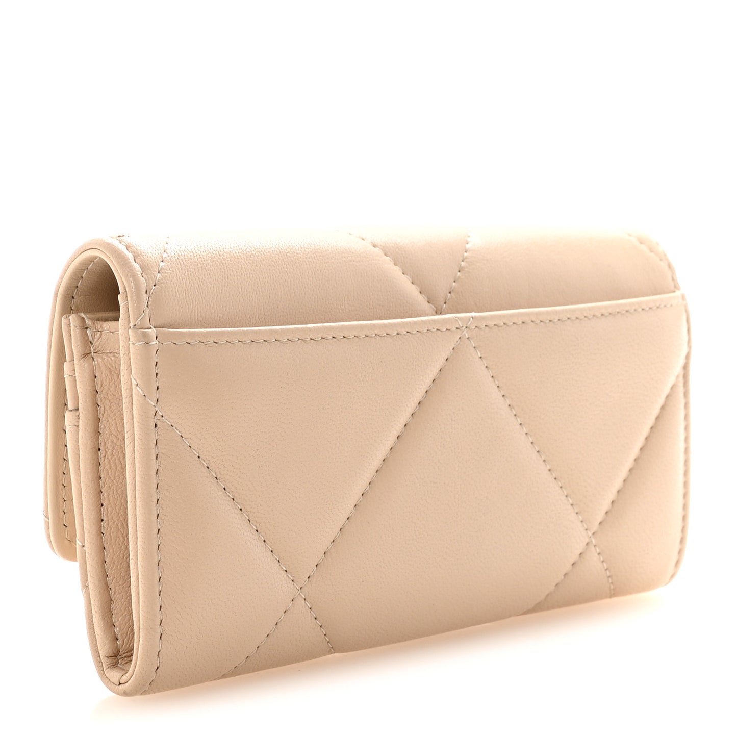 Shiny Goatskin Quilted Chanel 19 Flap Wallet Beige