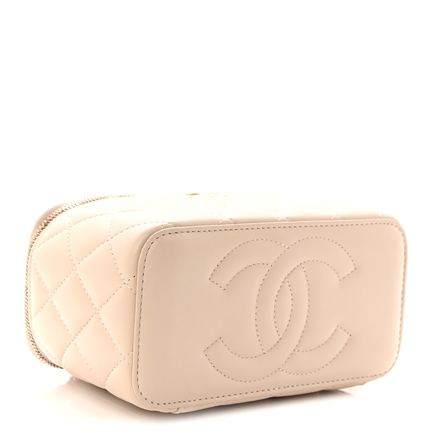 Lambskin Quilted Small Top Handle Vanity Case With Chain Ecru Dark Beige