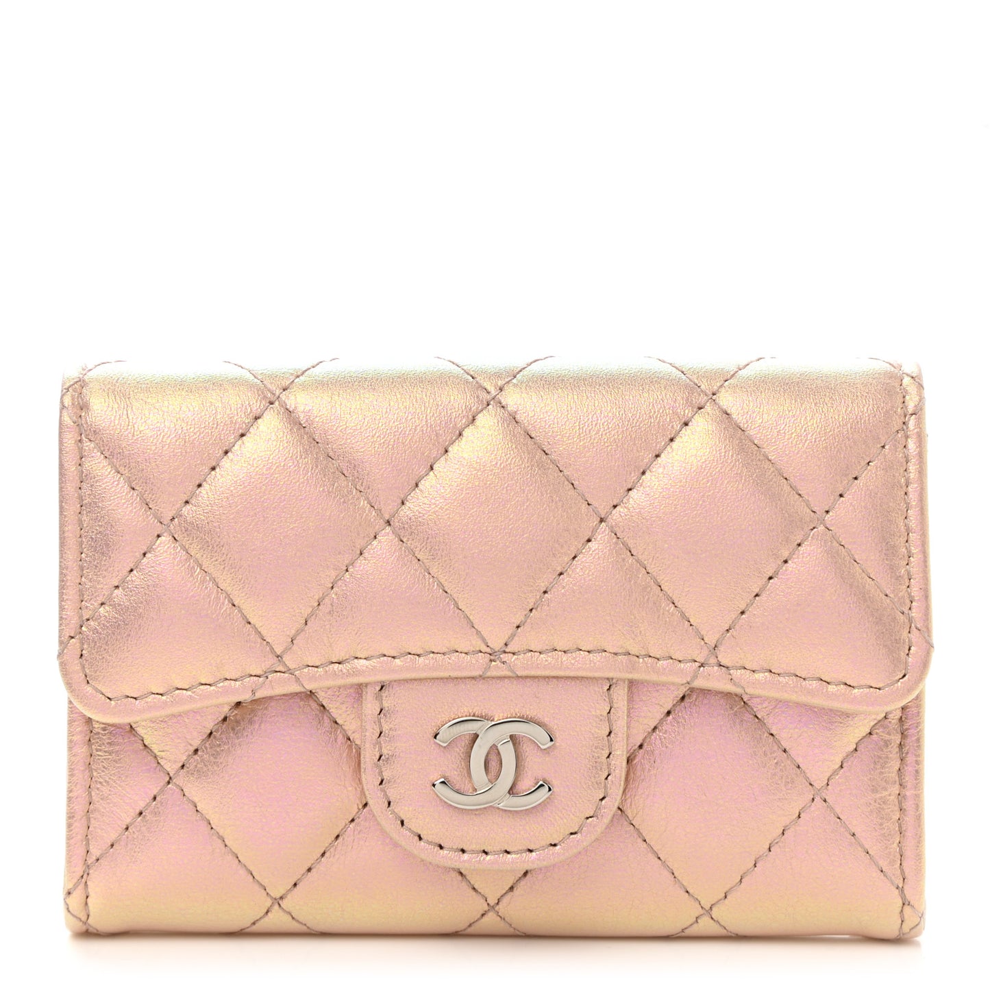 Iridescent Calfskin Quilted Flap Card Holder Wallet Pink