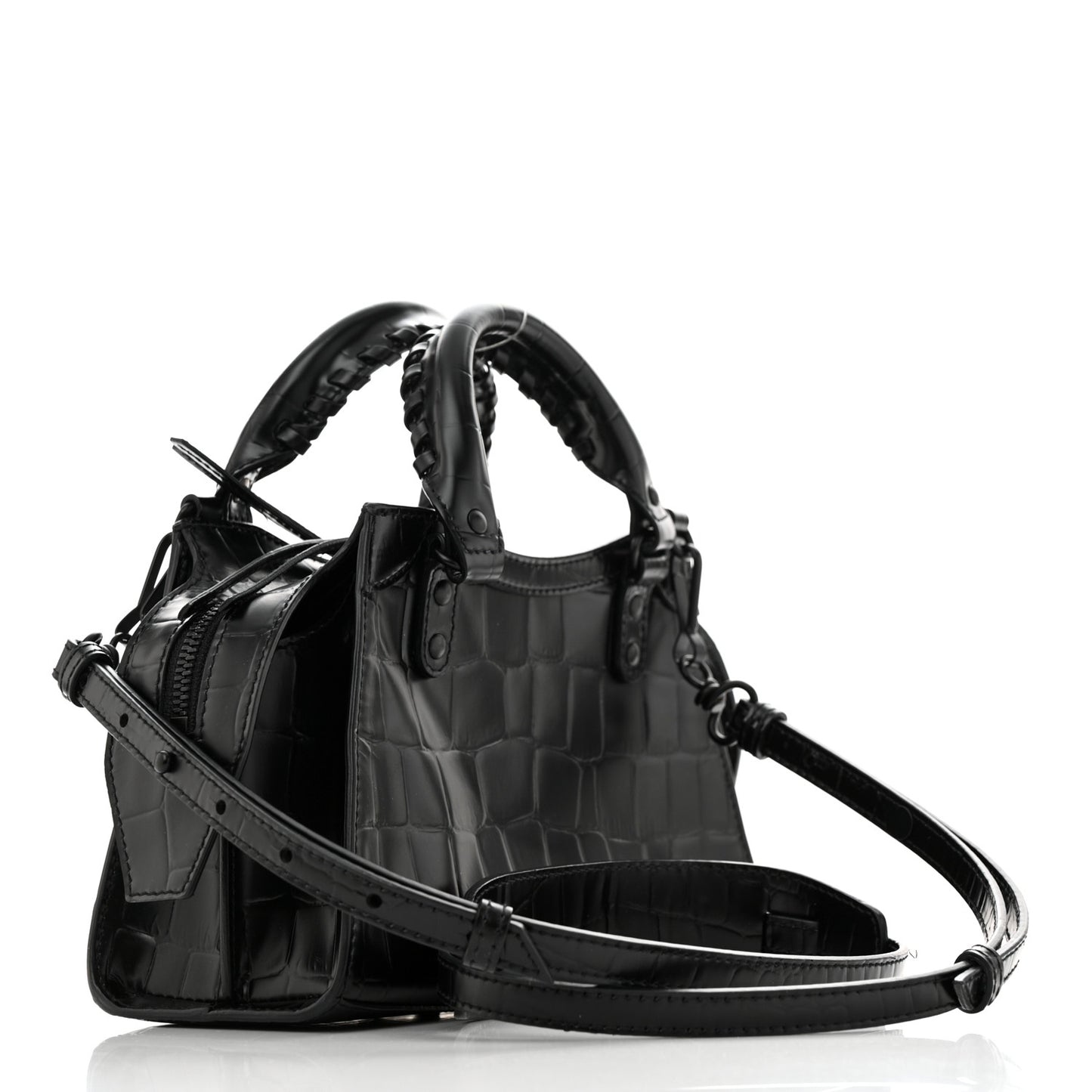 Semi Shiny Calfskin Crocodile Embossed Neo Classic Black Hardware Mini City Black