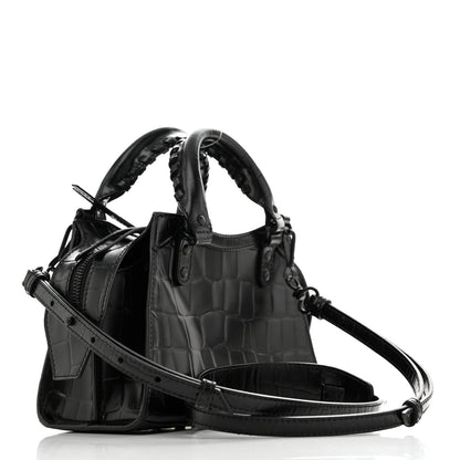 Balenciaga Semi Shiny Calfskin Crocodile Embossed Neo Classic Black Hardware Mini City Black 2 of 11