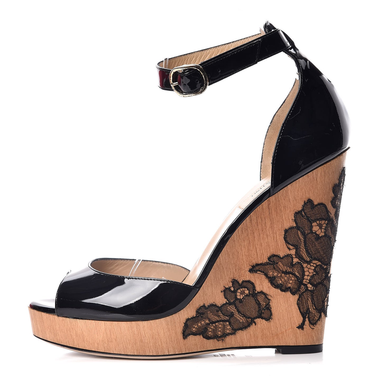 Calfskin Lace Applique Wood Wedge Sandals 39 Black