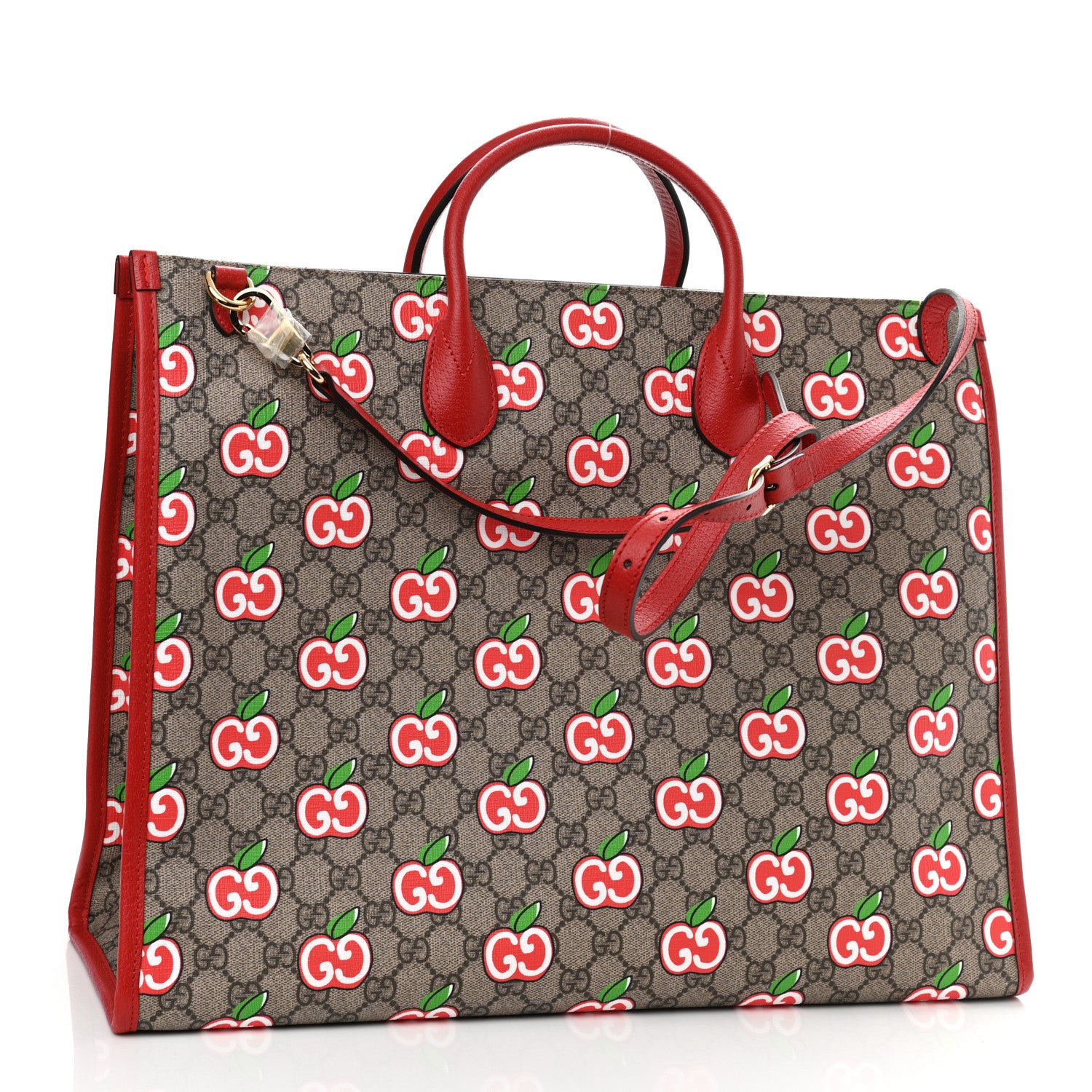 Gucci GG Supreme Monogram Apple Dollar Calfskin Large Retro Interlocking G Tote Bag Beige Ebony Multicolor Lobster Red 3 of 10