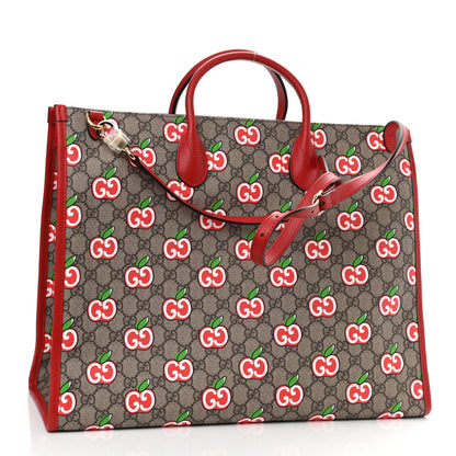 Gucci GG Supreme Monogram Apple Dollar Calfskin Large Retro Interlocking G Tote Bag Beige Ebony Multicolor Lobster Red 3 of 10